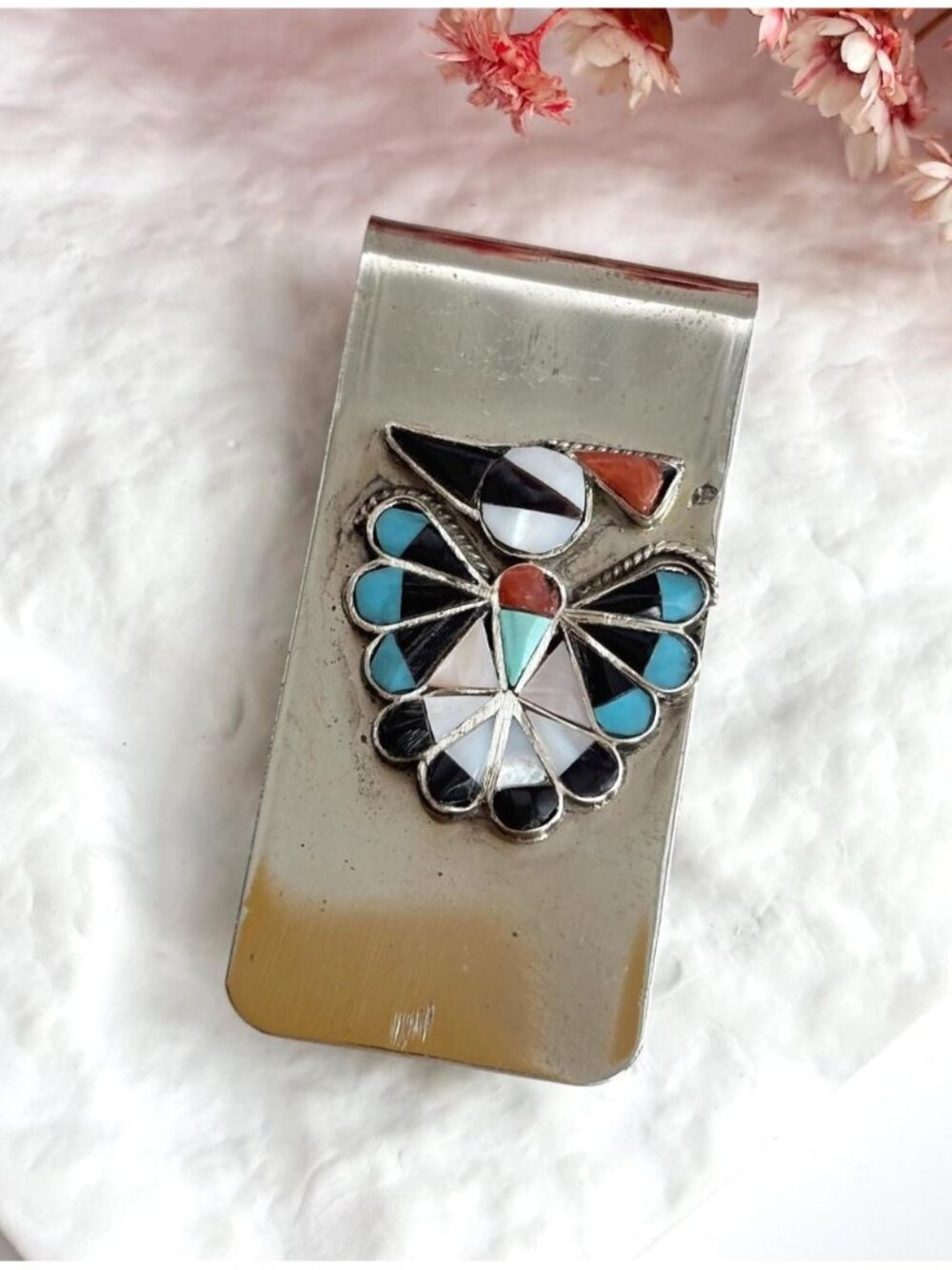 Thunderbird Figural Stone Inlaid Southwest Vintage Stainless Steel Money Clip